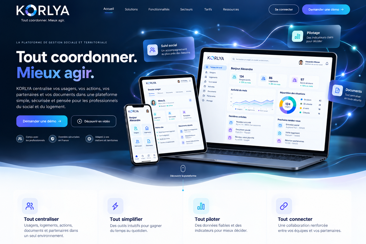 Aperçu de la plateforme KORLYA sur ordinateur, tablette et mobile
